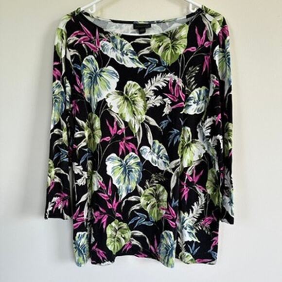 J. Jill Tops - J. Jill Wearever Boat Neck Top 3/4 Sleeve Floral Tropical Leaf Print Black LARGE